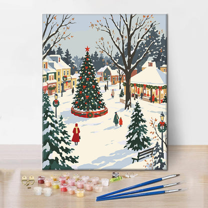 Árbol de Navidad de Snowy Town – Pintura por números