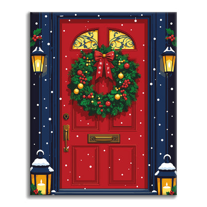 Puerta roja con corona de Navidad – Pintura por números