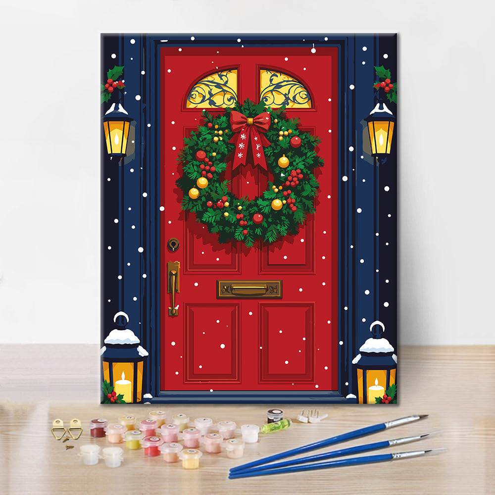 Puerta roja con corona de Navidad – Pintura por números