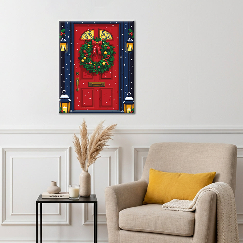 Puerta roja con corona de Navidad – Pintura por números