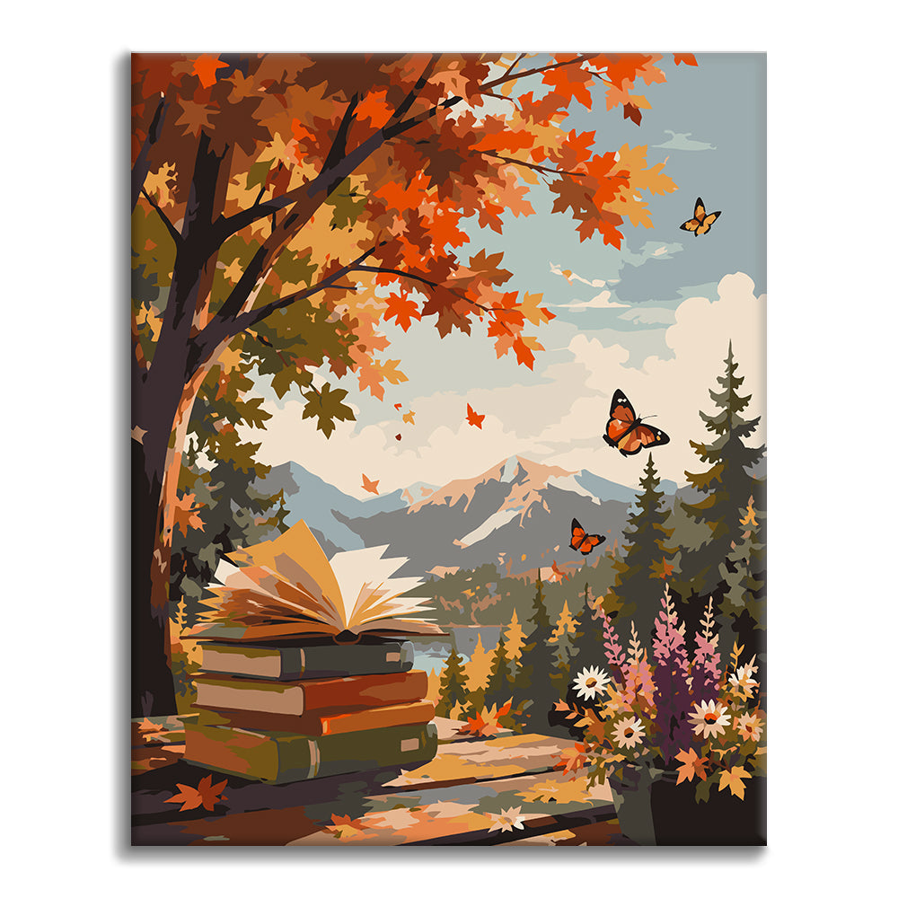 Libro abierto en las montañas de otoño – Pintura por números