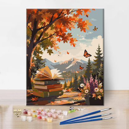 Libro abierto en las montañas de otoño – Pintura por números