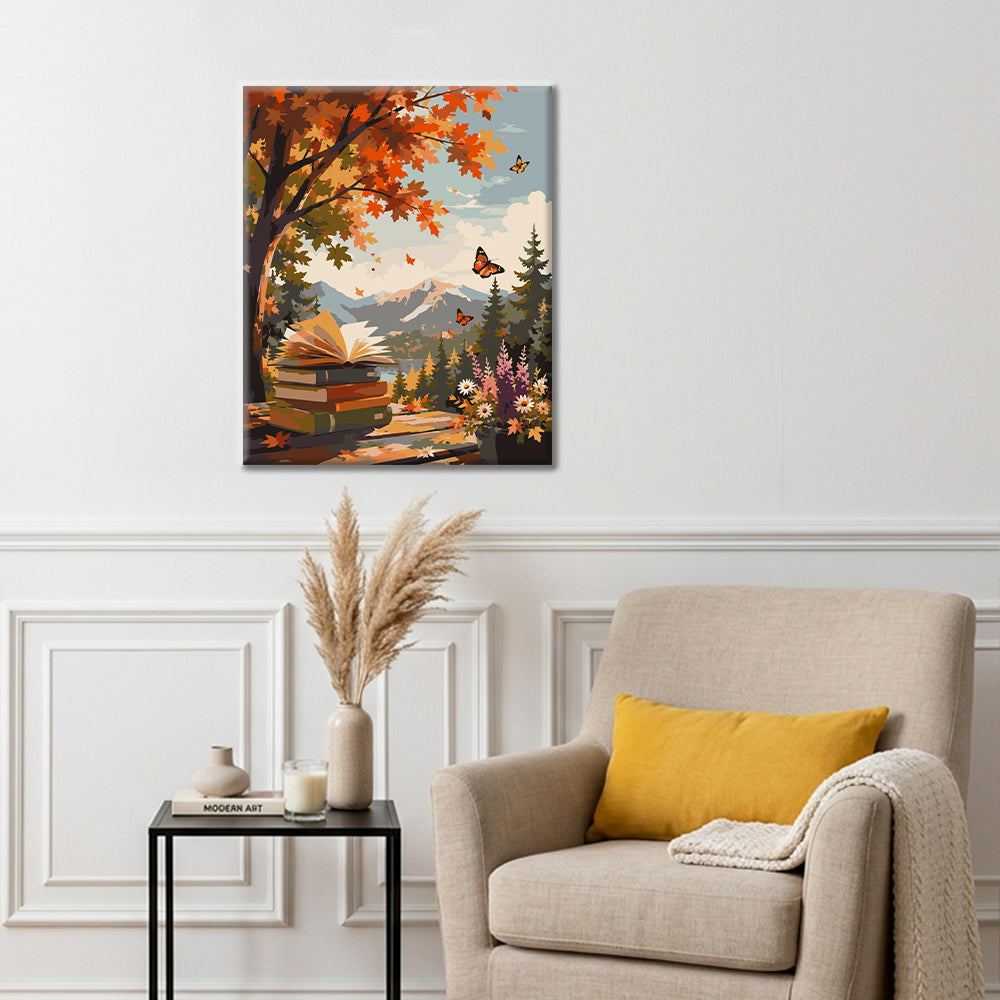 Libro abierto en las montañas de otoño – Pintura por números