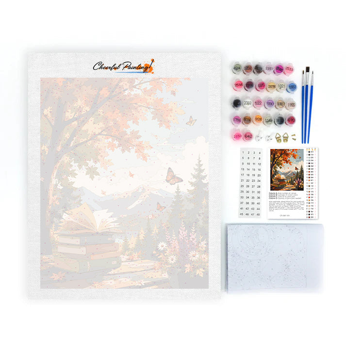 Libro abierto en las montañas de otoño – Pintura por números