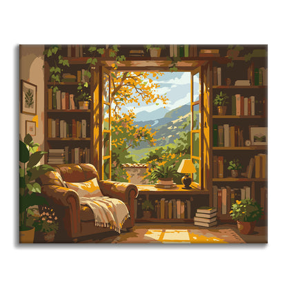 Biblioteca iluminada por el sol con vistas a la montaña – Pintura por números