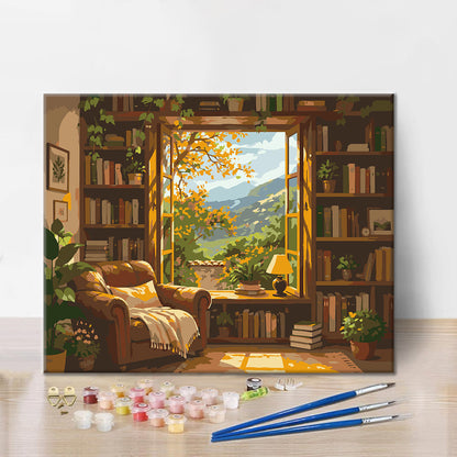 Biblioteca iluminada por el sol con vistas a la montaña – Pintura por números