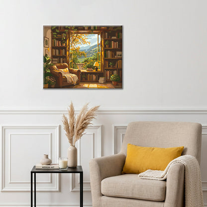 Biblioteca iluminada por el sol con vistas a la montaña – Pintura por números
