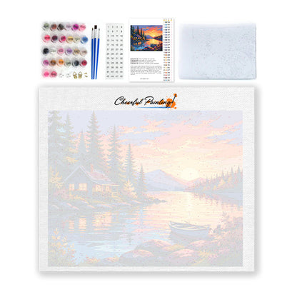 Biblioteca iluminada por el sol con vistas a la montaña – Pintura por números