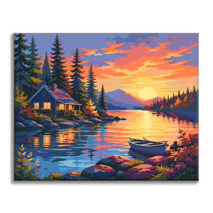 Cabaña junto al lago al atardecer – Pintura por números
