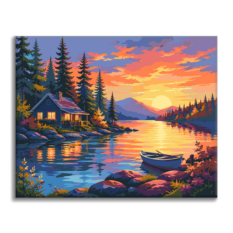 Cabaña junto al lago al atardecer – Pintura por números