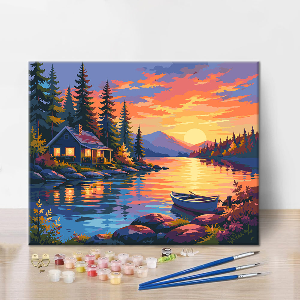 Cabaña junto al lago al atardecer – Pintura por números