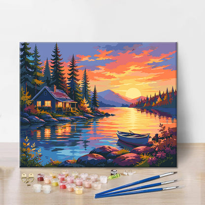Cabaña junto al lago al atardecer – Pintura por números