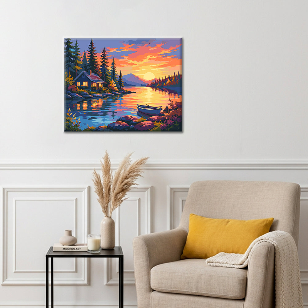 Cabaña junto al lago al atardecer – Pintura por números