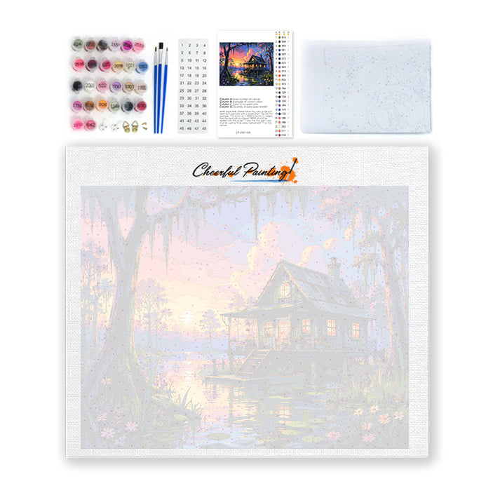 Cabaña junto al lago al atardecer – Pintura por números