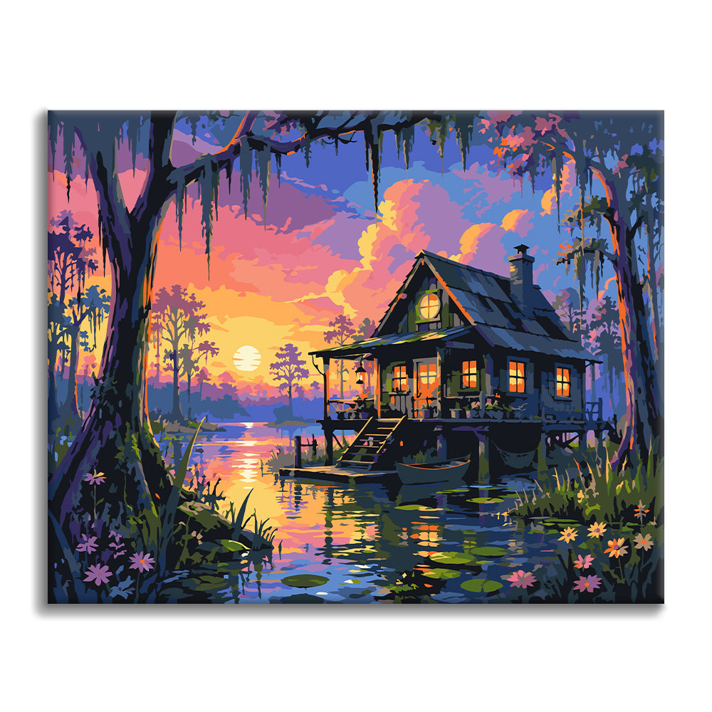 Cabaña en el pantano al atardecer – Pintura por números