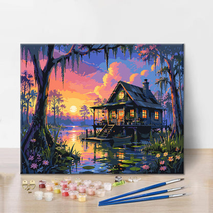Cabaña en el pantano al atardecer – Pintura por números