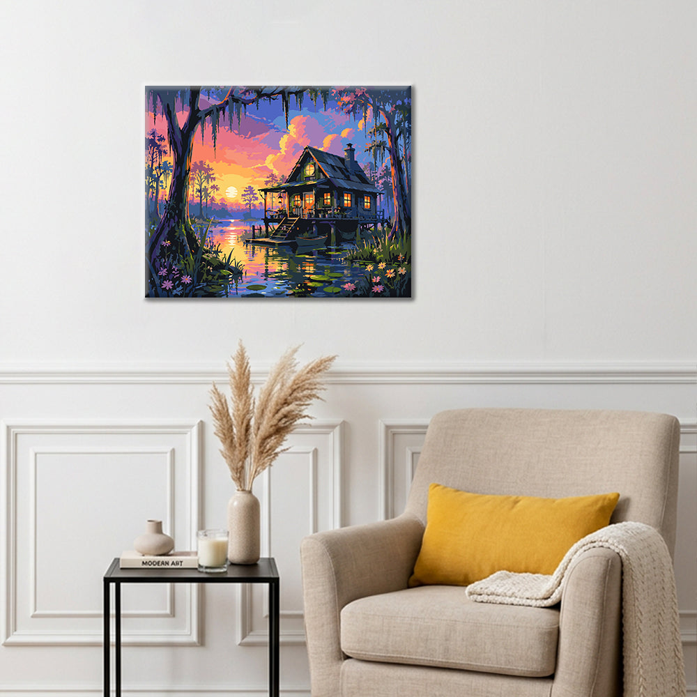 Cabaña en el pantano al atardecer – Pintura por números