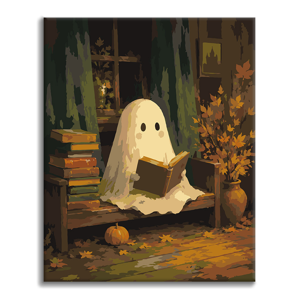Lectura fantasma en una biblioteca de otoño – Pintura por números
