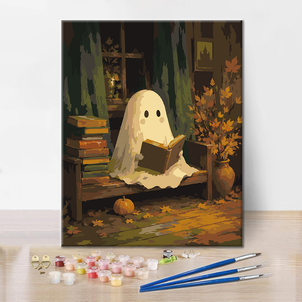 Lectura fantasma en una biblioteca de otoño – Pintura por números