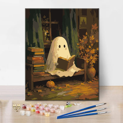 Lectura fantasma en una biblioteca de otoño – Pintura por números