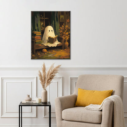 Lectura fantasma en una biblioteca de otoño – Pintura por números