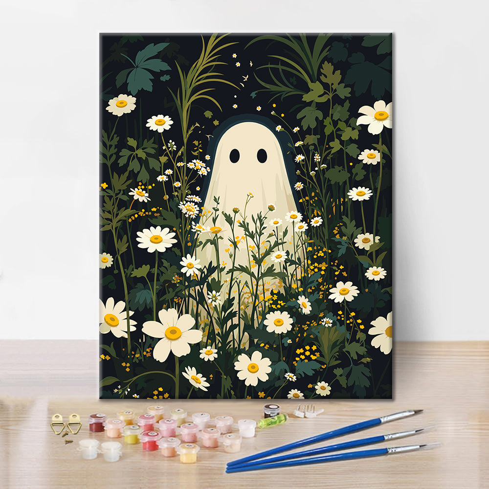 Fantasma entre margaritas iluminadas por la luna – Pintura por números