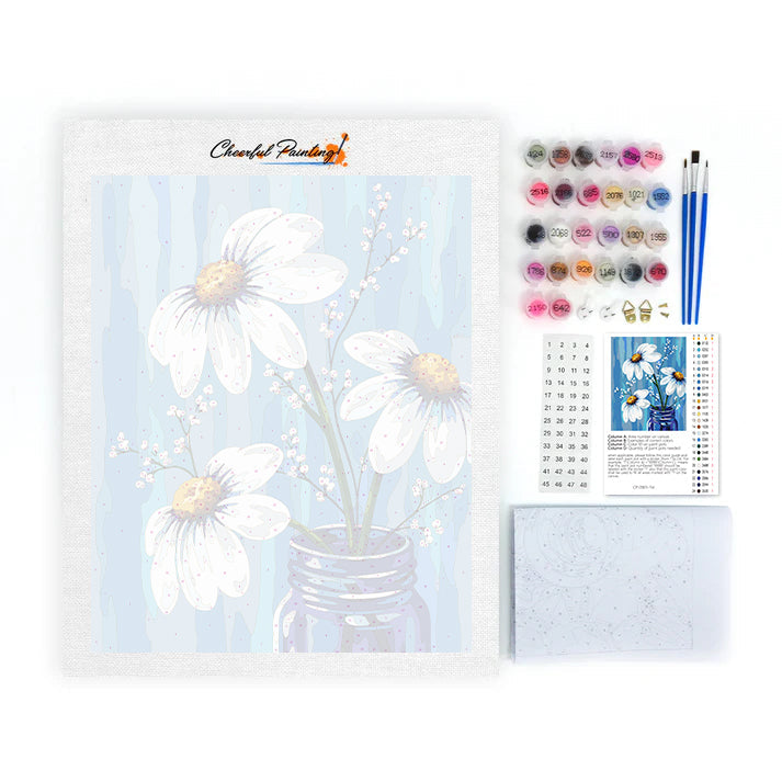 Margaritas blancas en un jarrón azul – Pintura por números