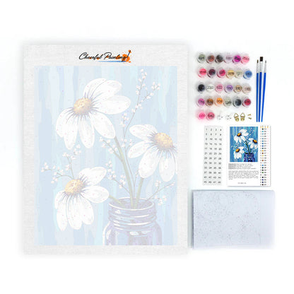 Margaritas blancas en un jarrón azul – Pintura por números
