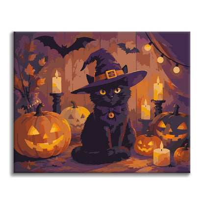 Gato negro con calabazas de Halloween – Pintura por números