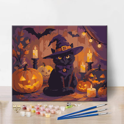 Gato negro con calabazas de Halloween – Pintura por números