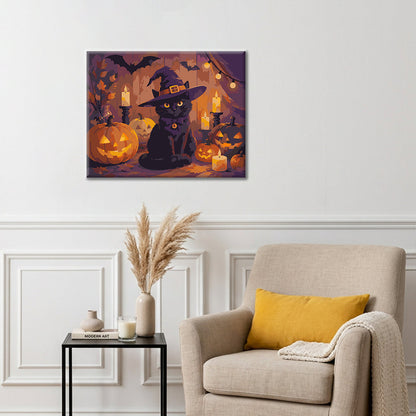 Gato negro con calabazas de Halloween – Pintura por números