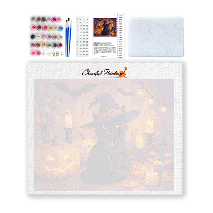 Gato negro con calabazas de Halloween – Pintura por números