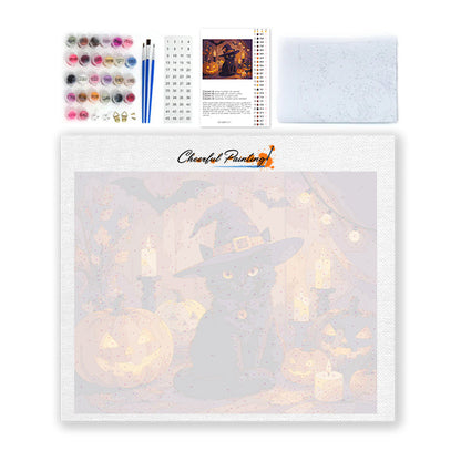 Gato negro con calabazas de Halloween – Pintura por números