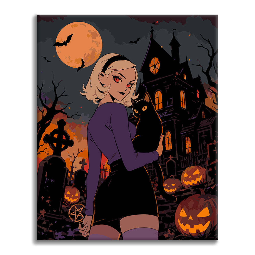 Joven bruja fuera de una casa embrujada – Pintura por números