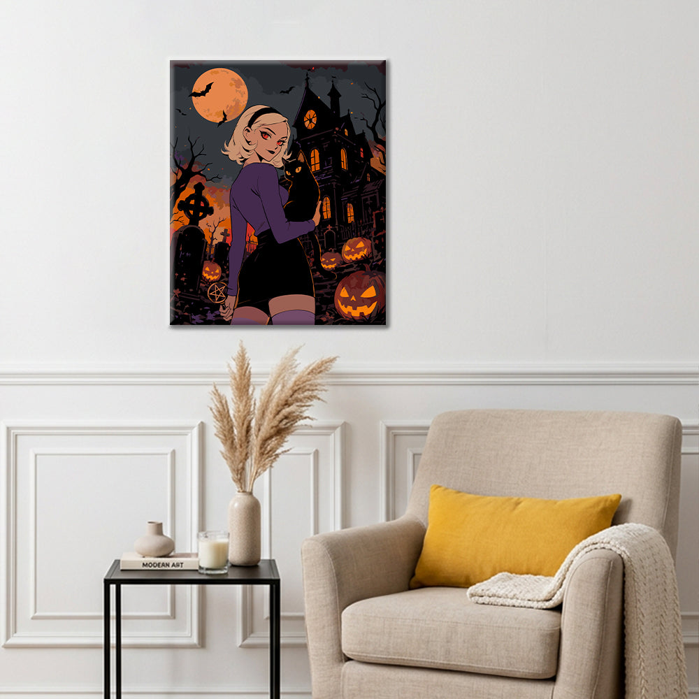Joven bruja fuera de una casa embrujada – Pintura por números
