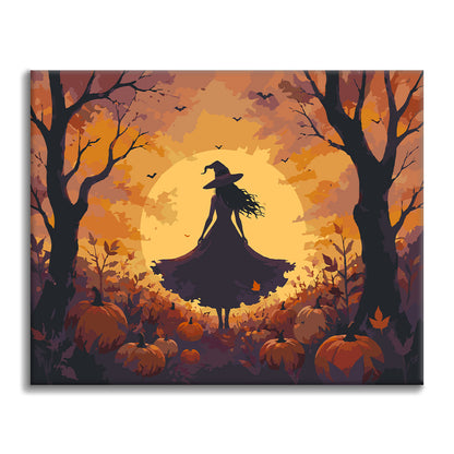 Silueta de bruja en el bosque de calabazas – Pintura por números