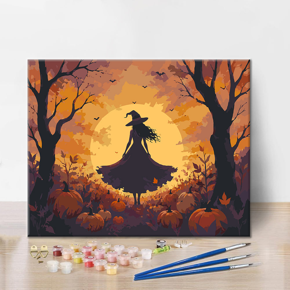 Silueta de bruja en el bosque de calabazas – Pintura por números