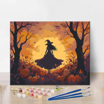 Silueta de bruja en el bosque de calabazas – Pintura por números