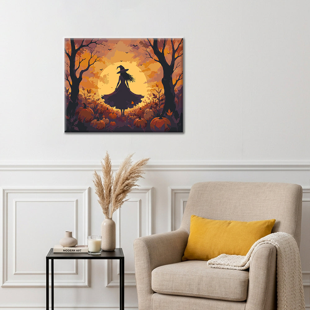 Silueta de bruja en el bosque de calabazas – Pintura por números