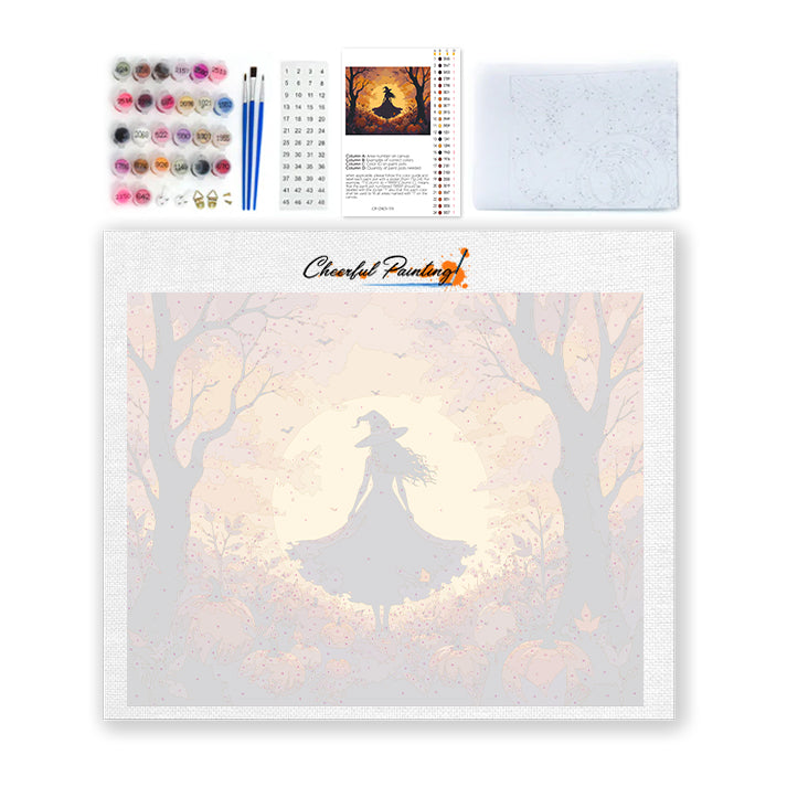 Silueta de bruja en el bosque de calabazas – Pintura por números