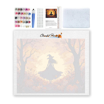Silueta de bruja en el bosque de calabazas – Pintura por números