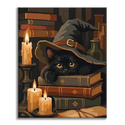 Gata negra en los libros de hechizos – Pintura por números