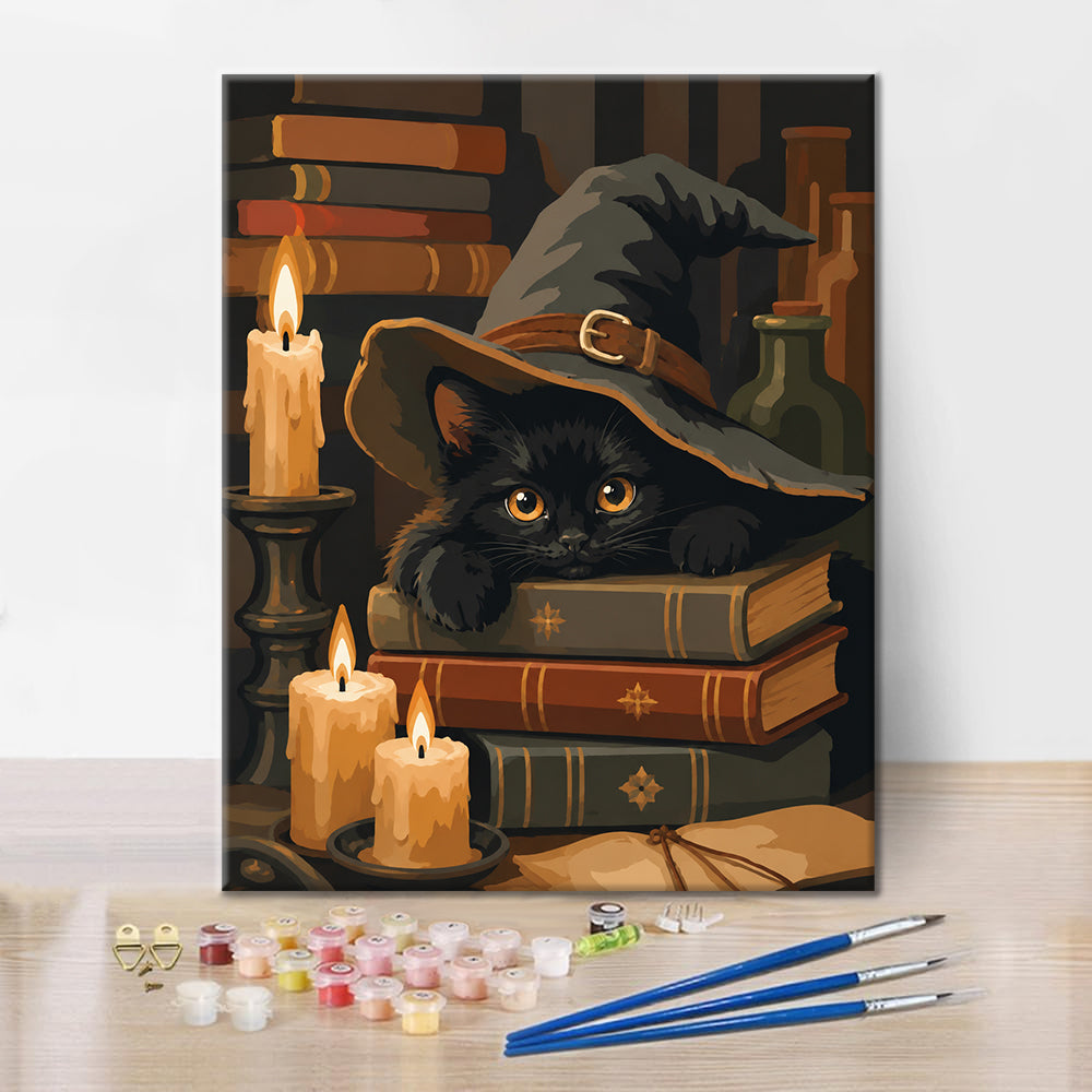 Gata negra en los libros de hechizos – Pintura por números