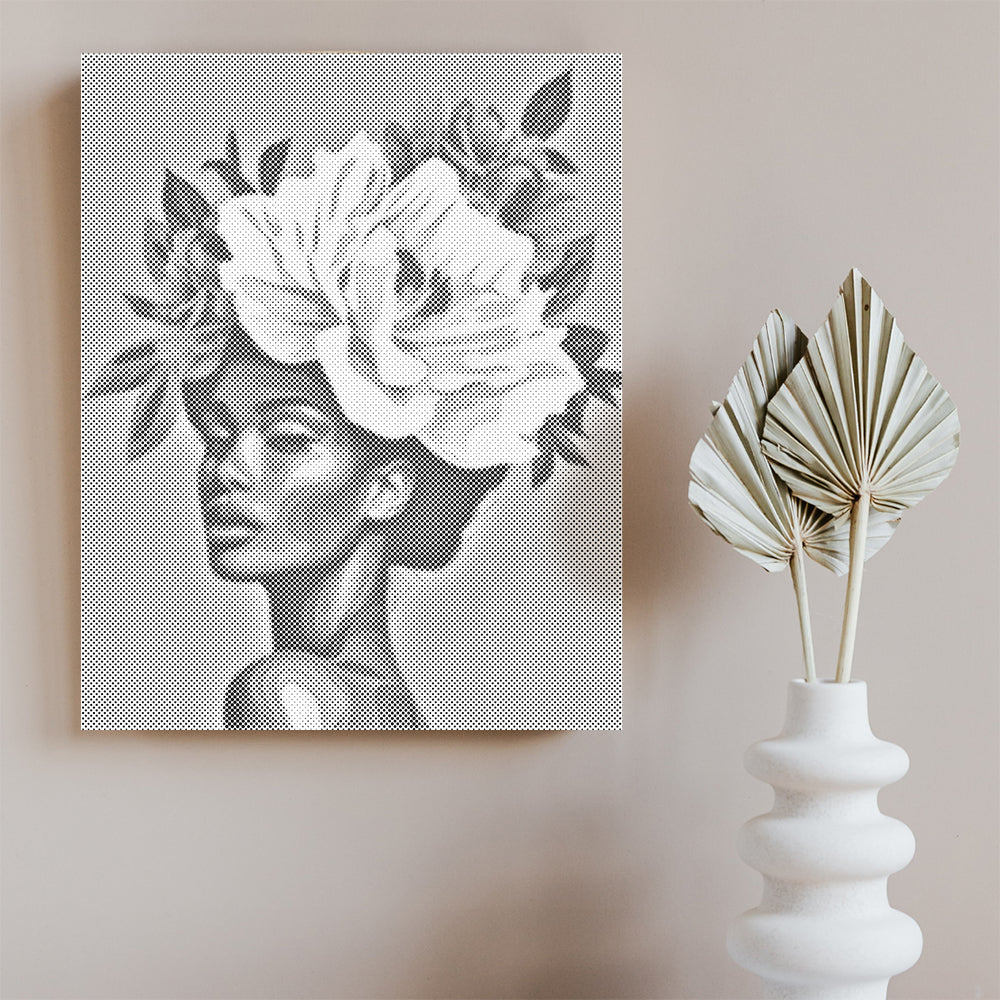 Mujer con flores en el cabello – Pintura de puntos