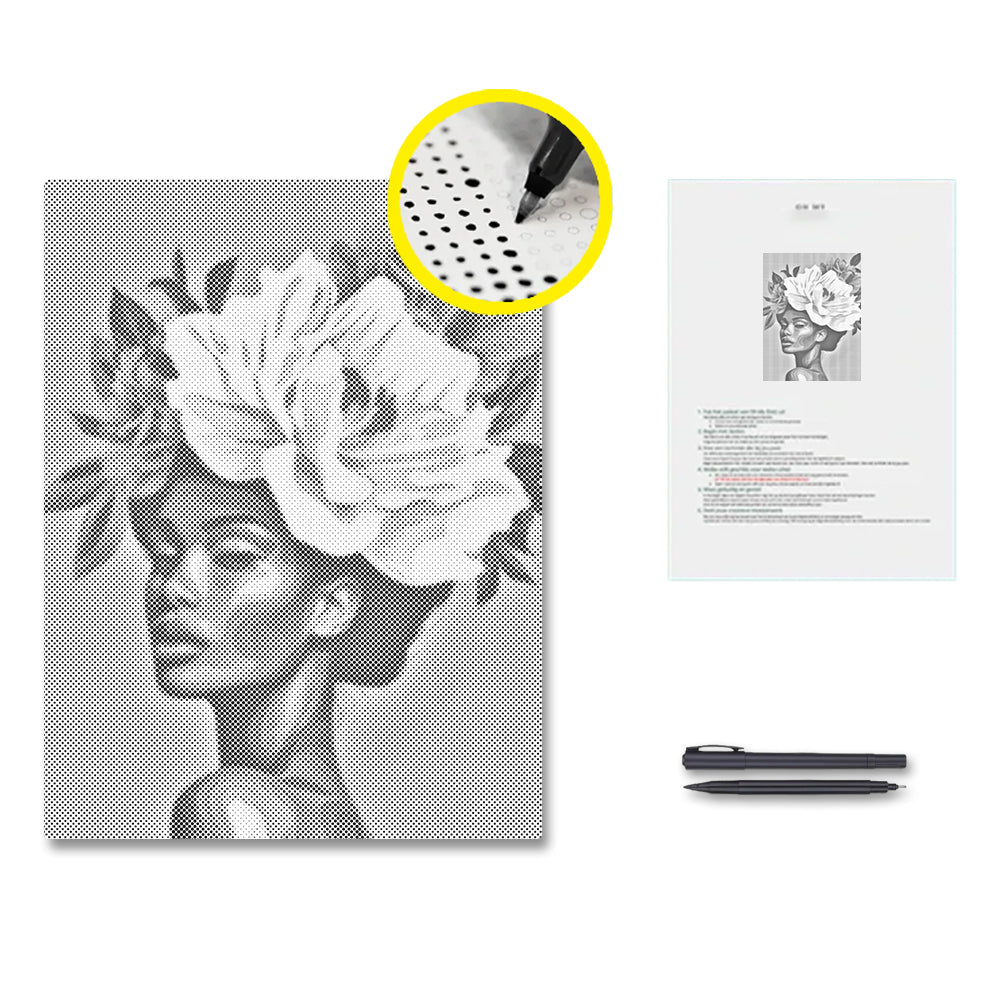 Mujer con flores en el cabello – Pintura de puntos