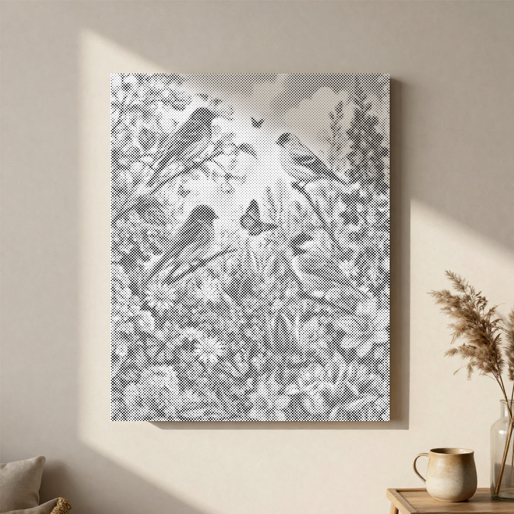 Jardín primaveral con pájaro cantor - Pintura de puntos