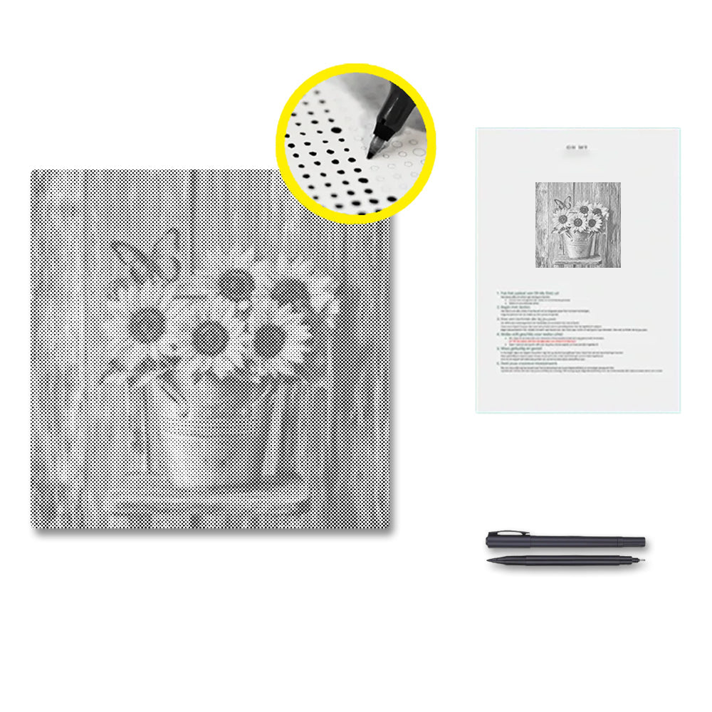 Girasoles sobre una silla de madera - Pintura de puntos