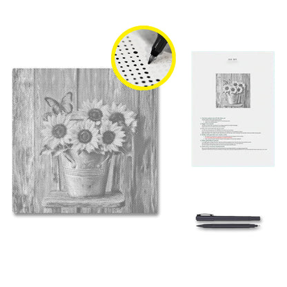 Girasoles sobre una silla de madera - Pintura de puntos