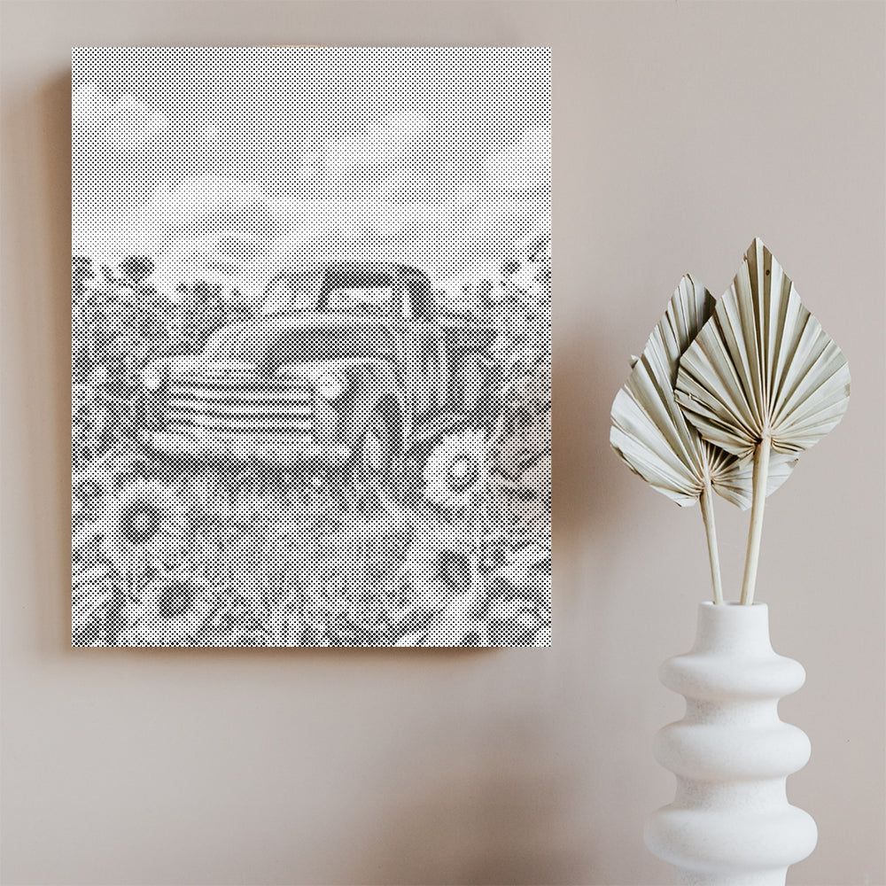 Camioneta vintage rodeada de girasoles - Pintura de puntos