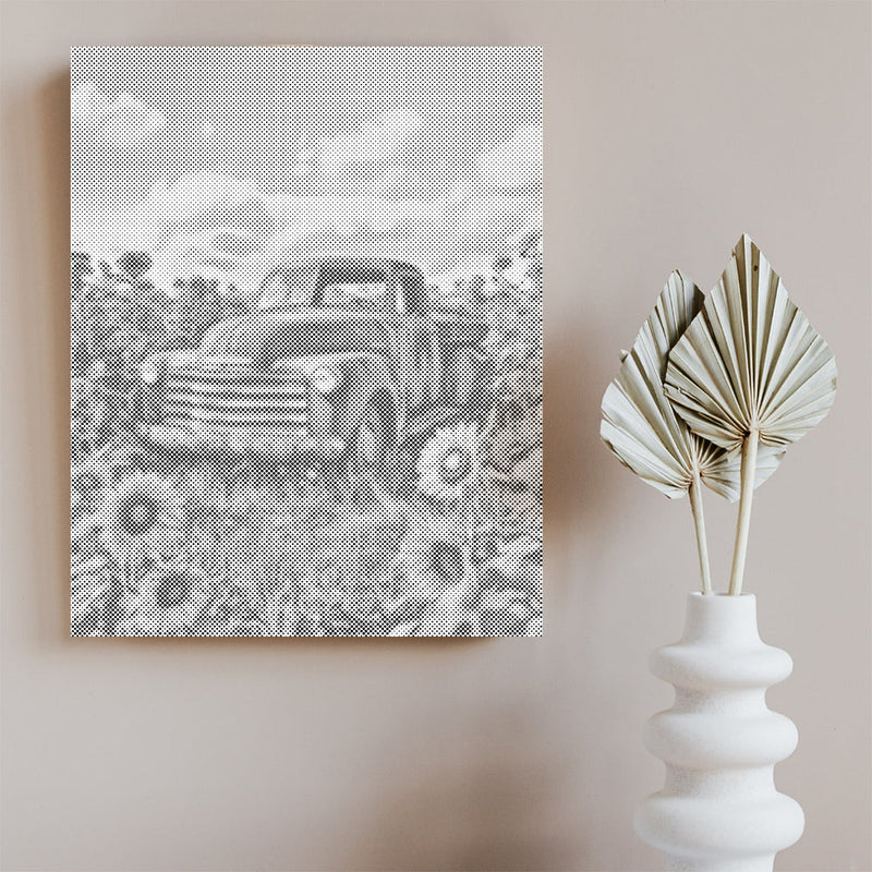 Camioneta vintage rodeada de girasoles - Pintura de puntos